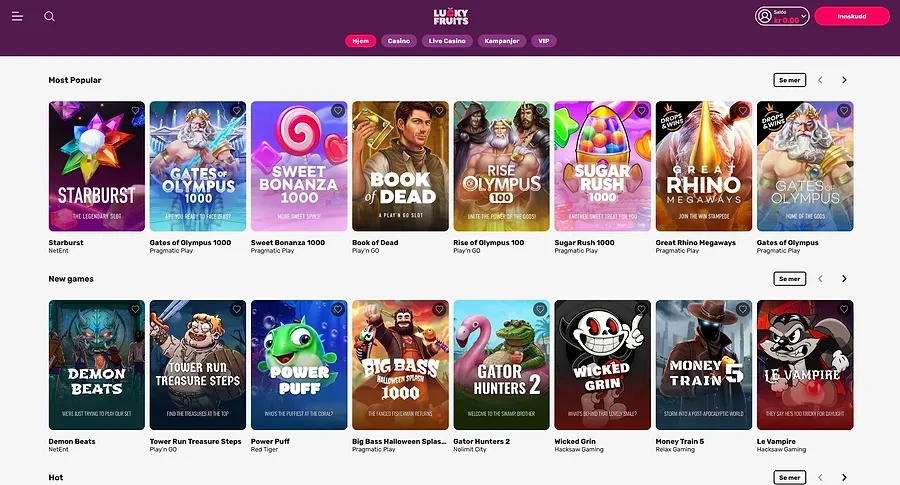 Forsiden hos LuckyFruits Casino med populære og nye spill