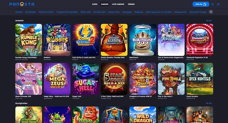 Spillobbyen hos Panosta Casino med anbefalte spilleautomater
