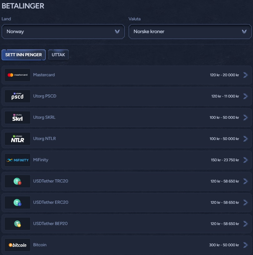 betwarts innskudd uttak