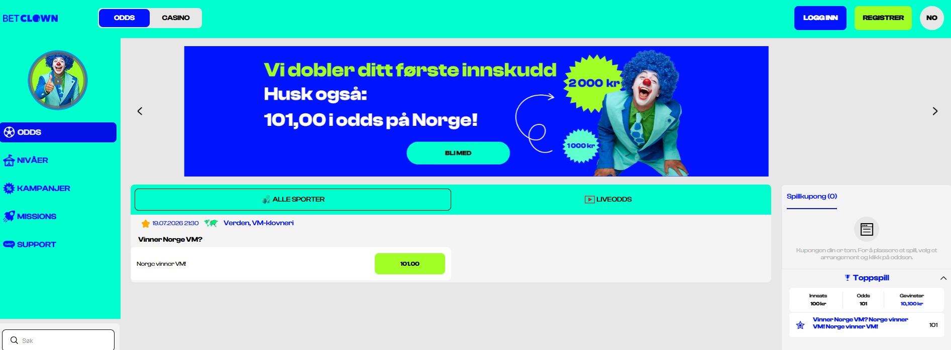 betclown norge vinner vm odds 101