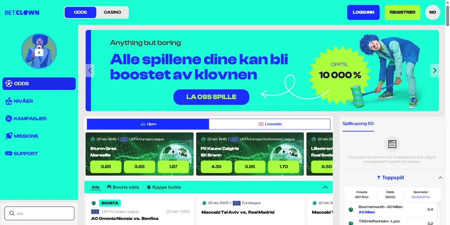Skjermbilde av forsiden til BetClown, der Clownboost står øverst