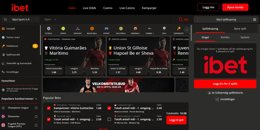 Skjermbilde av sportsbooken til iBet, med oddsboost i menyen til venstre