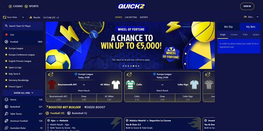 Skjermbilde av sportsbooken til Quickz, som er på engelsk