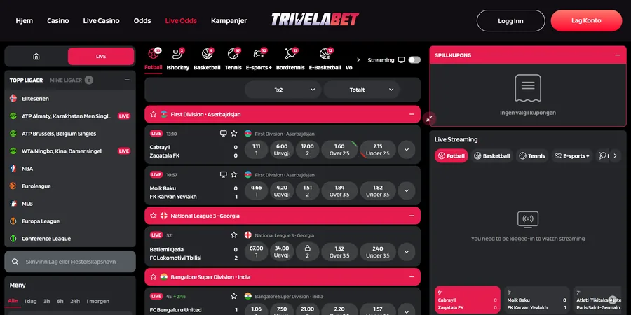 Skjermbilde av liveoddsen hos Trivelabet, med livestreaming til høyre