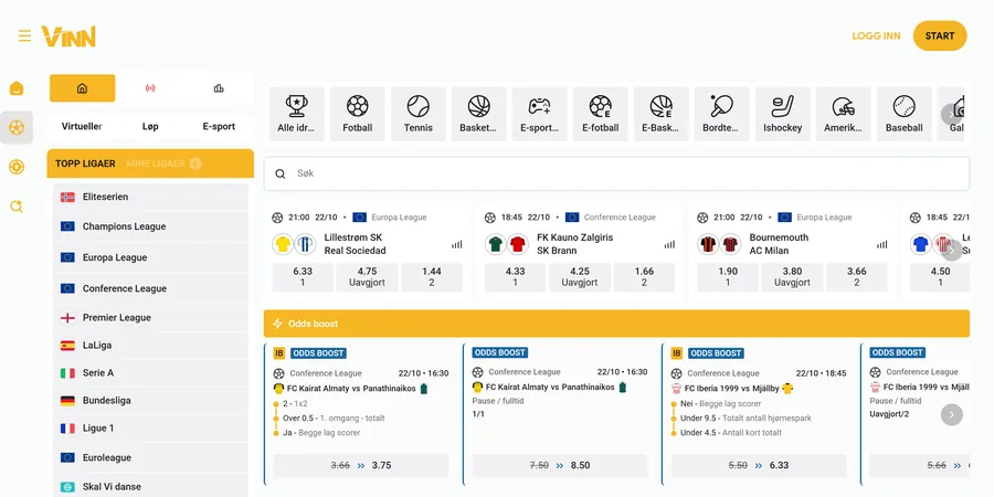 Skjermbilde av forsiden til Vinn, med oddsboost på dagens kamper